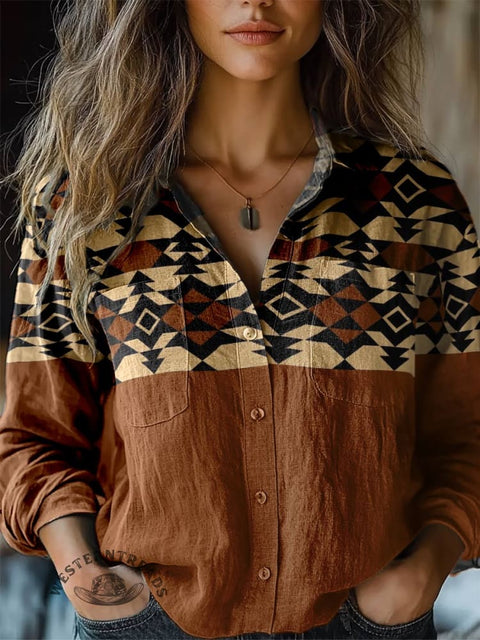 Women's Brown Aztac Print Casual Long Sleeve Comfortable Cotton Shirt