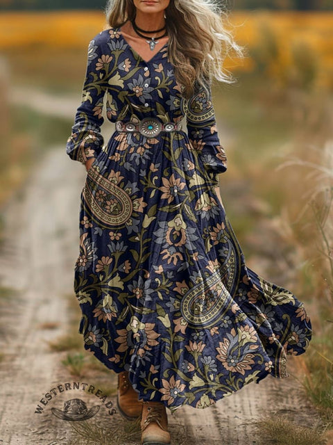 Women's Paisley Print V-Neck Button Pocket Cotton Dress