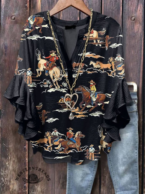 Women's Classic West Print Casual Cotton And Linen Shirt