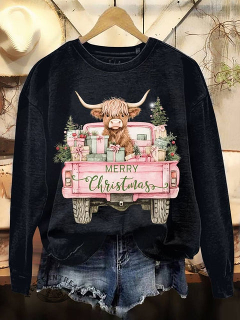 Merry Christmas West Print Casual Cotton Sweatshirt