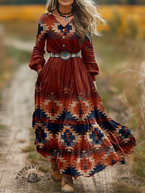 Women's Aztec Print V-Neck Button Pocket Cotton Dress