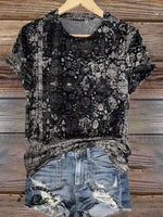 Women's Vintage Black Ethnic V-neck Casual T-Shirt