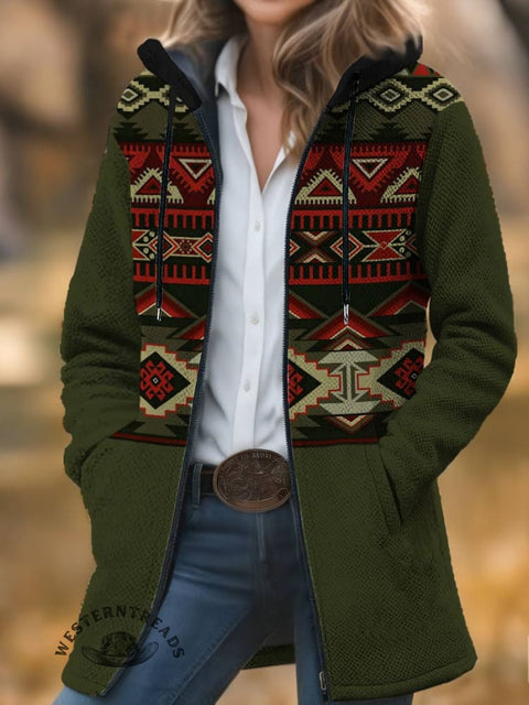Green Aztec Print Unisex Plush Thick Long-Sleeved Cardigan Coat