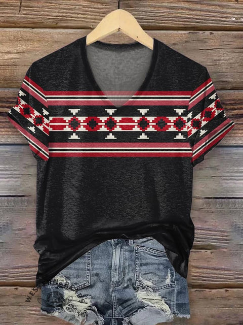Women's Geometric Ethnic Print V-neck Casual T-Shirt
