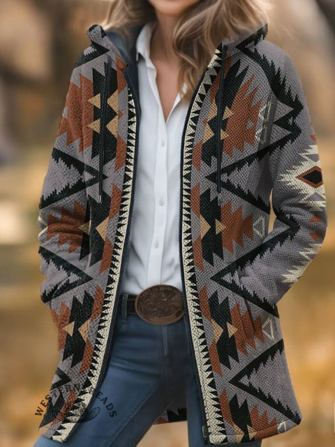Aztec Print Unisex Plush Thick Long-Sleeved Cardigan Coat