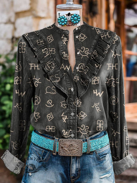 Women's Cattle Brands Print Casual Cotton And Linen Shirt