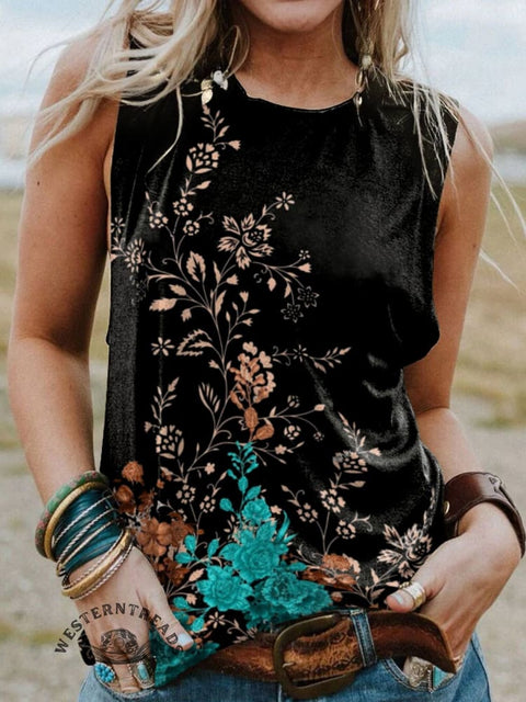 Women's Black Flower Plant Print Casual Tank Top