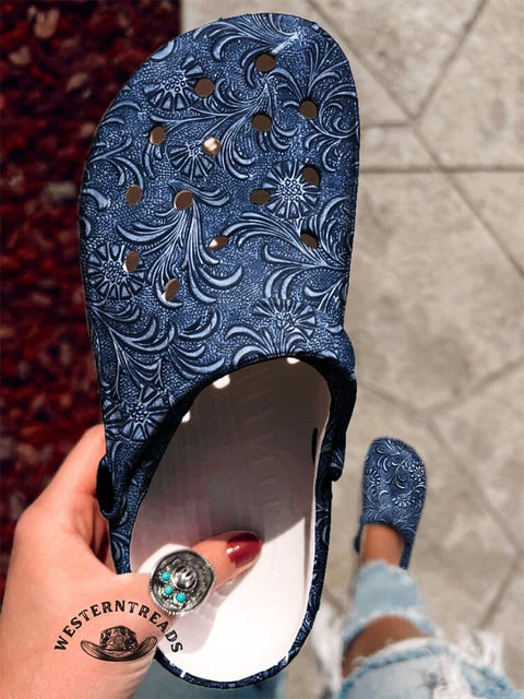 Blue Dark Printed Casual Hole Slippers