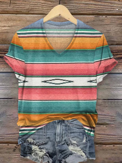 Women's Geometric Ethnic Print V-neck Casual T-Shirt