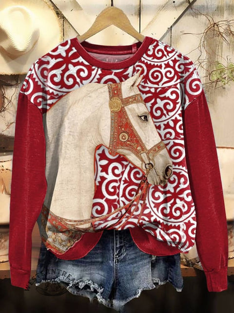 Red Horse Art Print Casual Cotton Sweatshirt