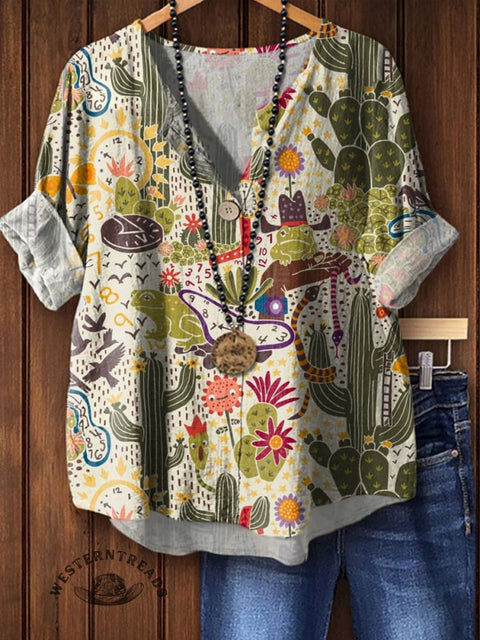 Women's Frog Cactus Print Casual Cotton Linen Shirt