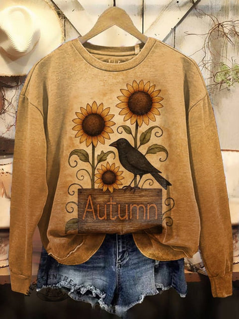 Sunflower Fall Art Print Casual Cotton Sweatshirt