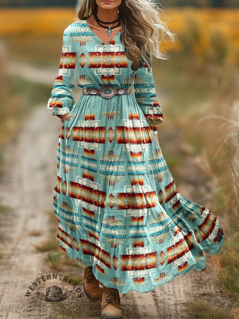 Women's Aztec Print V-Neck Button Pocket Cotton Dress