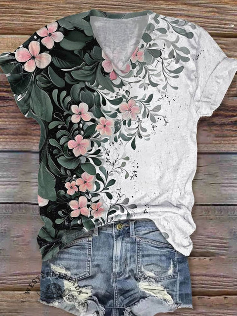 Women's Flower V-neck Casual T-Shirt