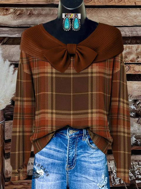 Reddish Brown Checkered Print Buttoned Cardigan Sweater