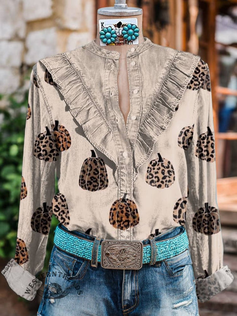Women's Pumpkin Print Casual Cotton And Linen Shirt