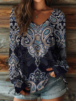 100% Cotton🍃Women's Paisley Print Casual V-neck Long Sleeve T-shirt