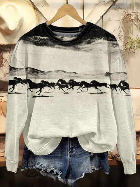 Horse Art Print Casual Cotton Sweatshirt