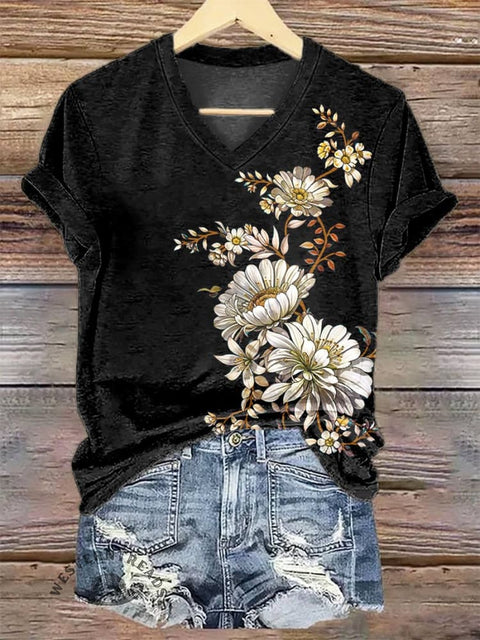 Women's Flower V-neck Casual T-Shirt
