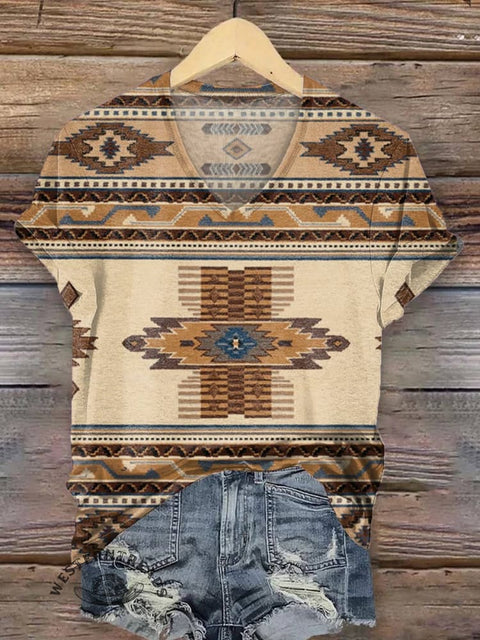 Women's Aztec Print V-neck Casual T-Shirt