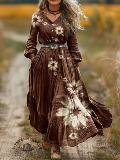 Women's Flower Print V-Neck Button Pocket Cotton Dress