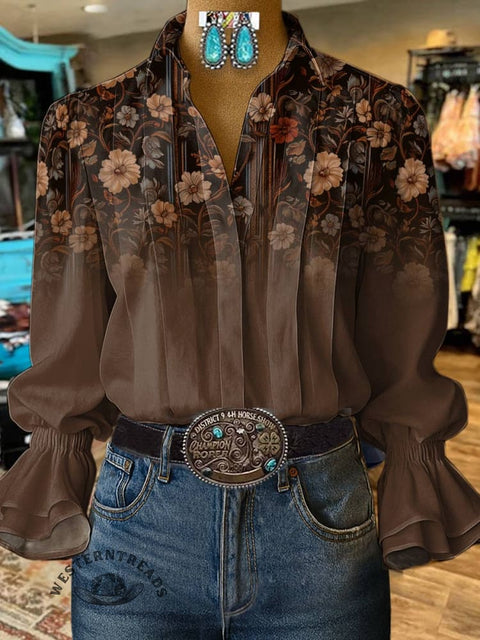 Women's Brown Floral Print Casual Cotton And Linen Shirt
