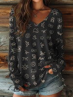 100% Cotton🍃Women's Cattle Brands Print Casual V-neck Long Sleeve T-shirt