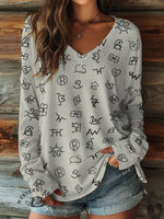 100% Cotton🍃Women's Cattle Brands Print Casual V-neck Long Sleeve T-shirt