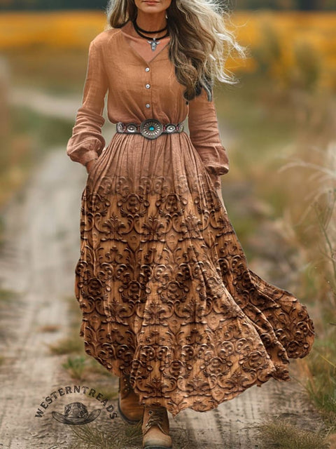 Women's Classic West Print V-Neck Button Pocket Cotton Dress