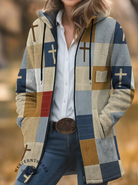 Check Pattern Print Unisex Plush Thick Long-Sleeved Cardigan Coat