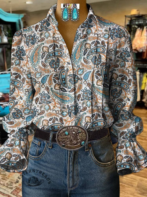 Women's Paisley Print Casual Cotton And Linen Shirt