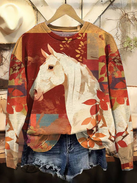 Horse Art Print Casual Cotton Sweatshirt