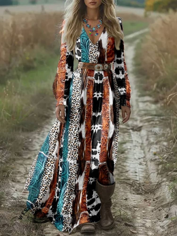 Women's Vintage Stripes Classic West Print Pocket Cotton Dress