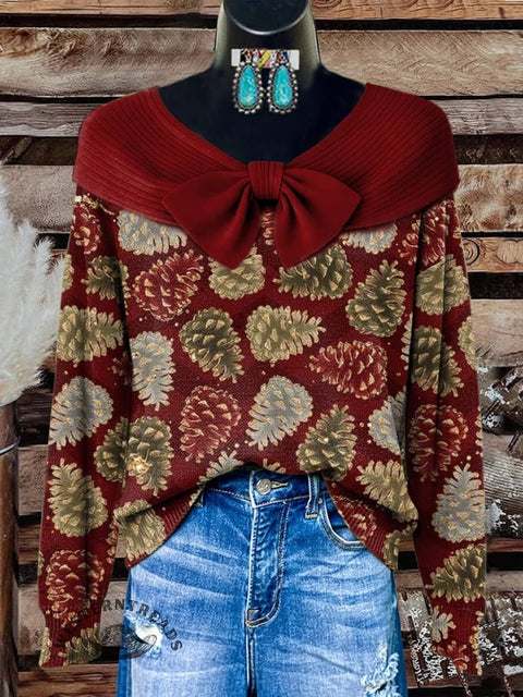 Christmas Pinecones Print Buttoned Cardigan Sweater