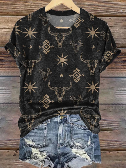 Black Classic West Cow Skull, Cactus, Sun Print T-shirt