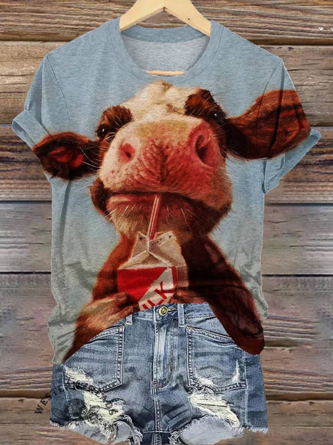 Cow Drink Milk Print T-shirt