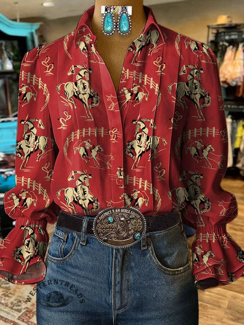 Women's Rodeo Print Casual Cotton And Linen Shirt