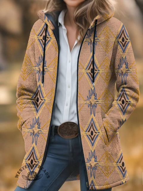 Geometric Print Unisex Plush Thick Long-Sleeved Cardigan Coat