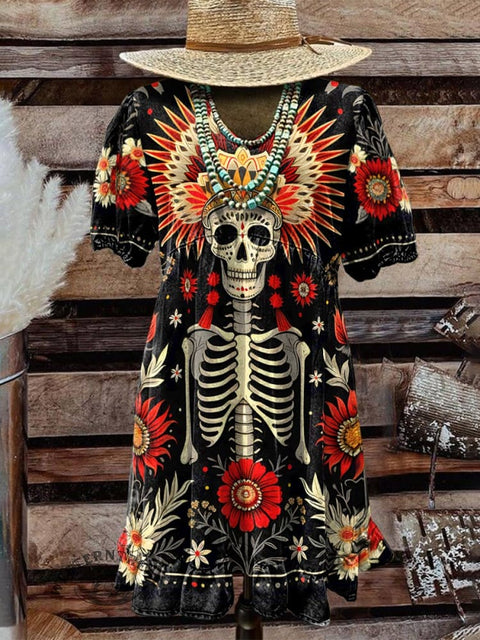 Black Women's Aztec Skeletons Print Pocket Cotton Dress