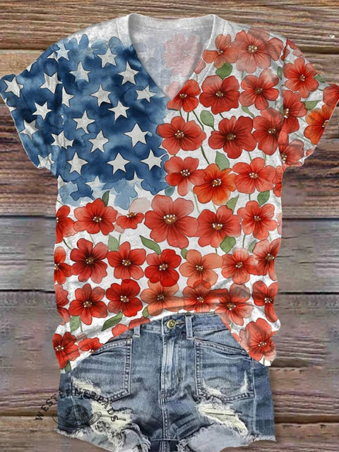 Women's Floral Flag V-neck Casual T-Shirt
