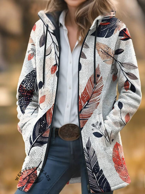 Feather Print Unisex Plush Thick Long-Sleeved Cardigan Coat