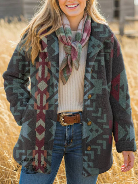 Women's Aztec Print Casual Sherpa Coat Cardigan