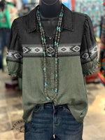 Women's vintage short-sleeve western shirt with retro print - lightweight casual top with cowboy-inspired style