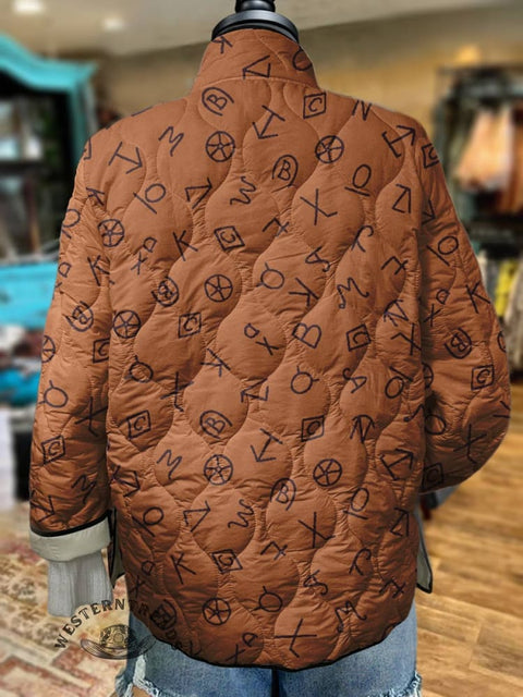 Women's Cattle Brands Print Casual Quilted Jacket