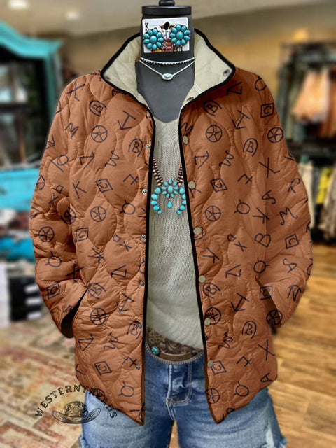 Women's Cattle Brands Print Casual Quilted Jacket