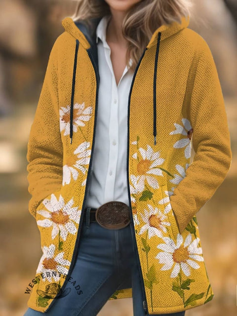 Daisy Print Unisex Plush Thick Long-Sleeved Cardigan Coat