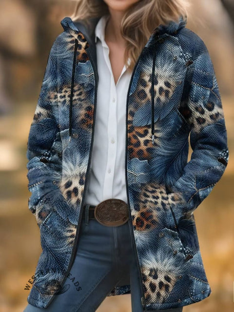 Feather Print Unisex Plush Thick Long-Sleeved Cardigan Coat