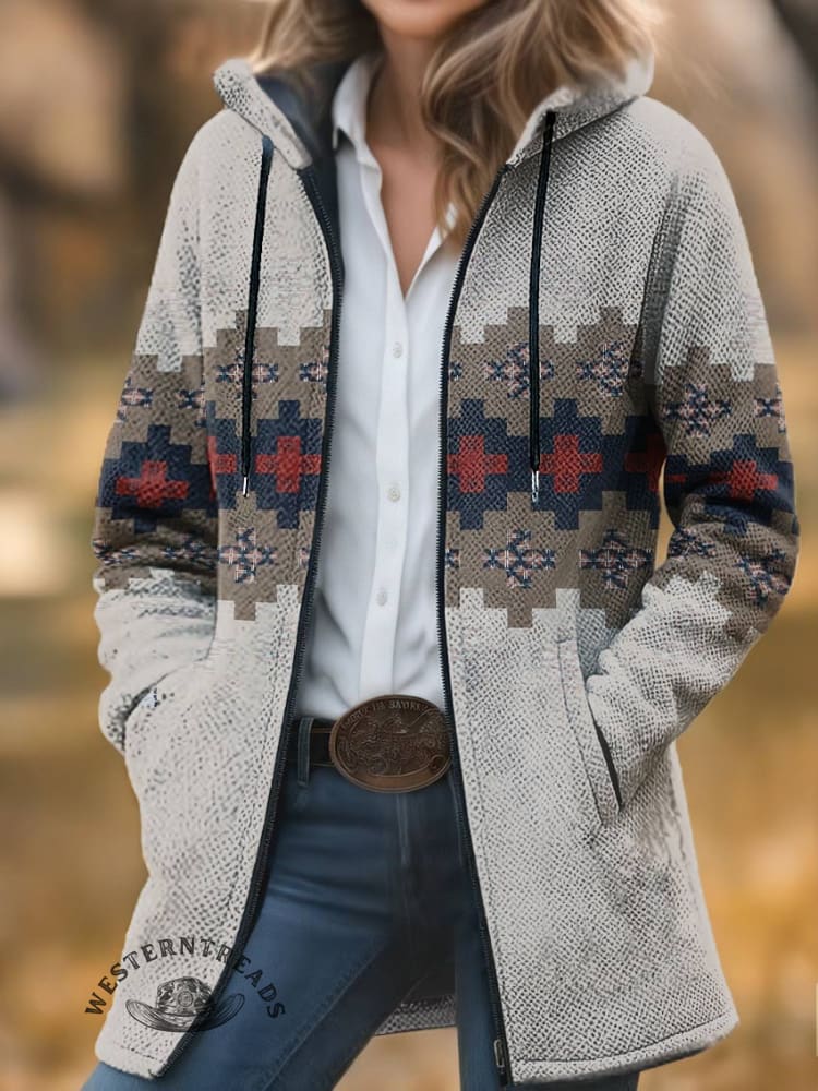 Aztec Print Unisex Plush Thick Long-Sleeved Cardigan Coat
