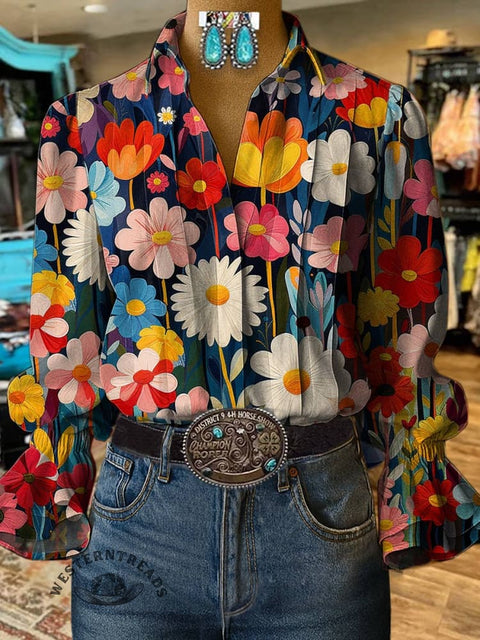 Women's Flower Print Casual Cotton And Linen Shirt
