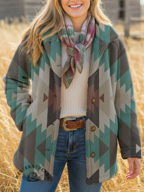 Women's Aztec Print Casual Sherpa Coat Cardigan